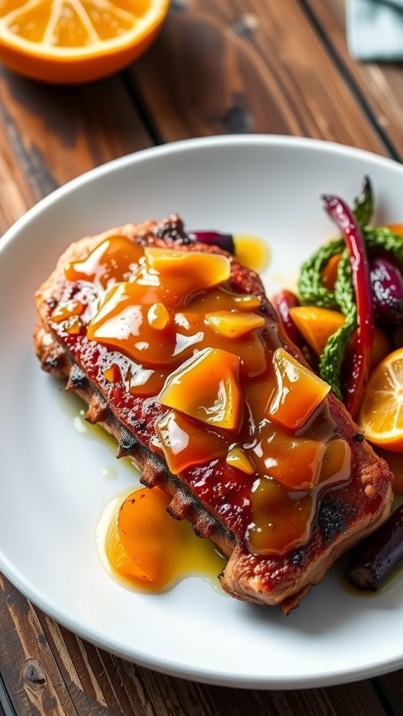 Crispy duck breast with orange glaze served with roasted vegetables on a white plate.